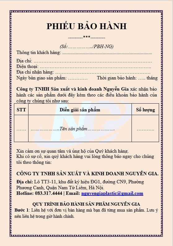 Phiếu bảo hành Nguyễn Gia