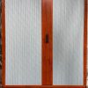 Rèm tổ ong cửa sổ cửa nhôm khung vân gỗ vải xám 2 cánh