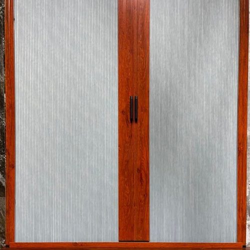 Rèm tổ ong cửa sổ cửa nhôm khung vân gỗ vải xám 2 cánh