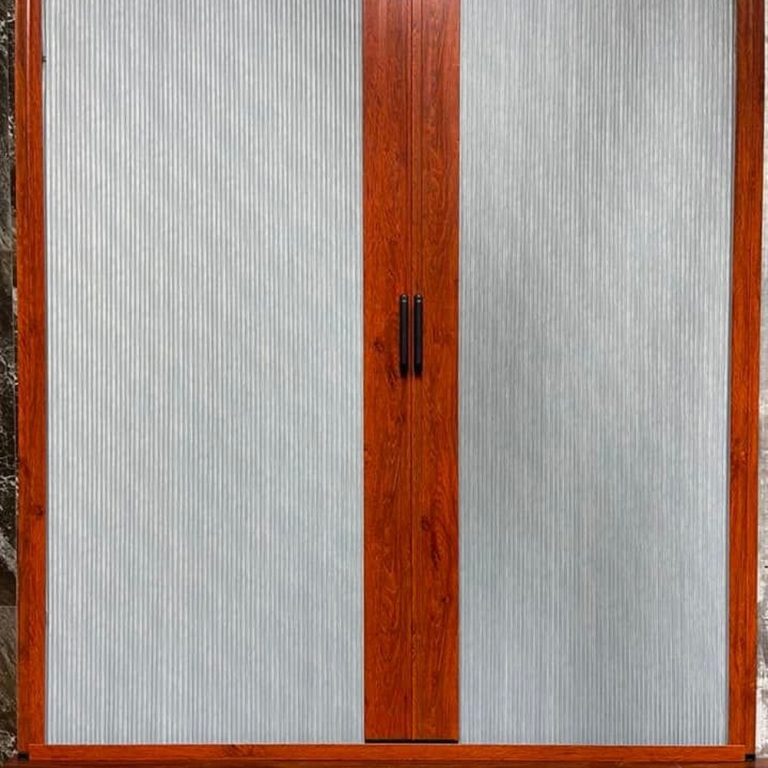 Rèm tổ ong cửa sổ cửa nhôm khung vân gỗ vải xám 2 cánh